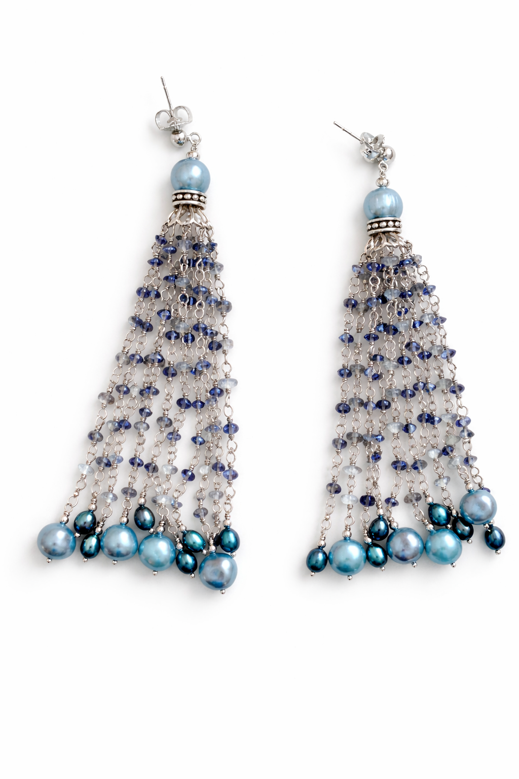 925 Sterling Silver Blue Freshwater Cultured Pearl & Mixed Gemstone Dangle Earrings