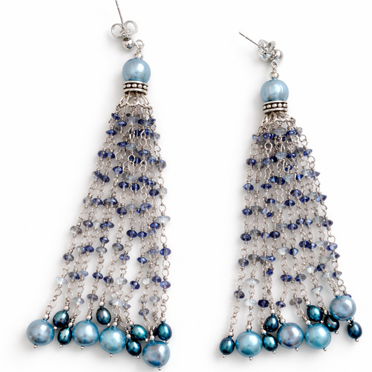 925 Sterling Silver Blue Freshwater Cultured Pearl & Mixed Gemstone Dangle Earrings