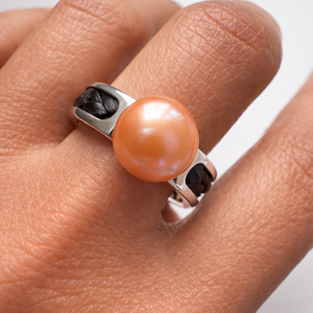 Sterling Silver Freshwater Cultured Pearl Woven Leather Band Ring