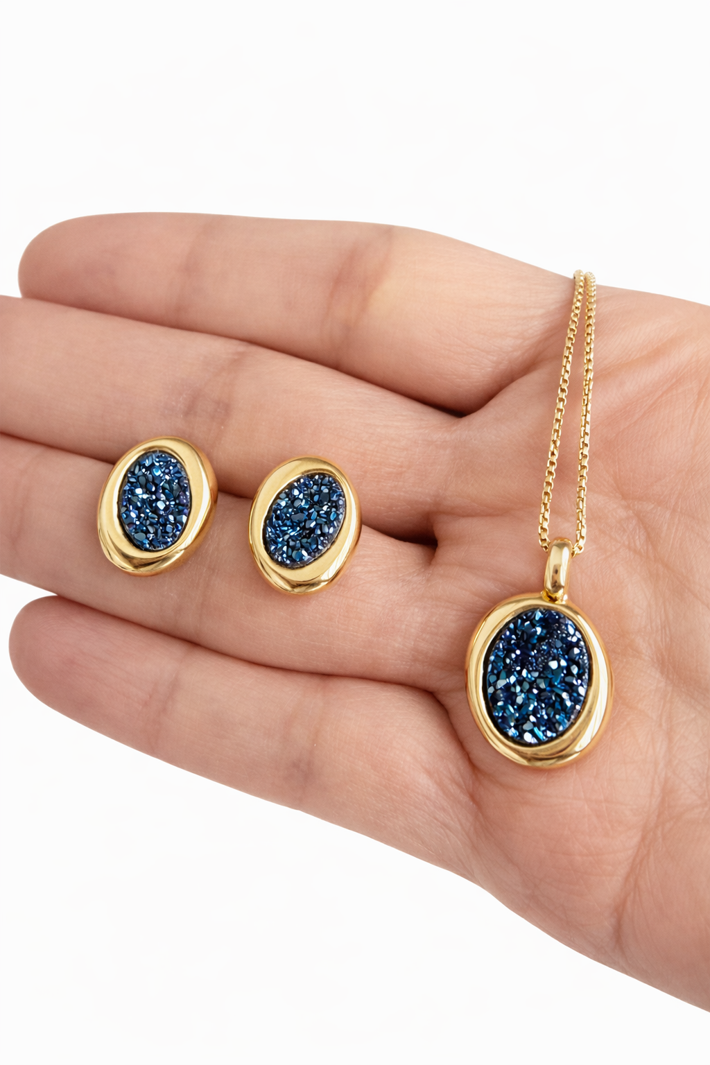 Blue Natural Druse Pendant and Earrings set Oval 18k Gold Plated over Bronze