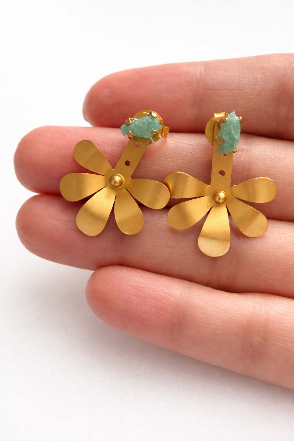 Golden Bloom Raw Emerald Ear Jacket Earrings – Handmade 18k Gold Plated Floral Drops