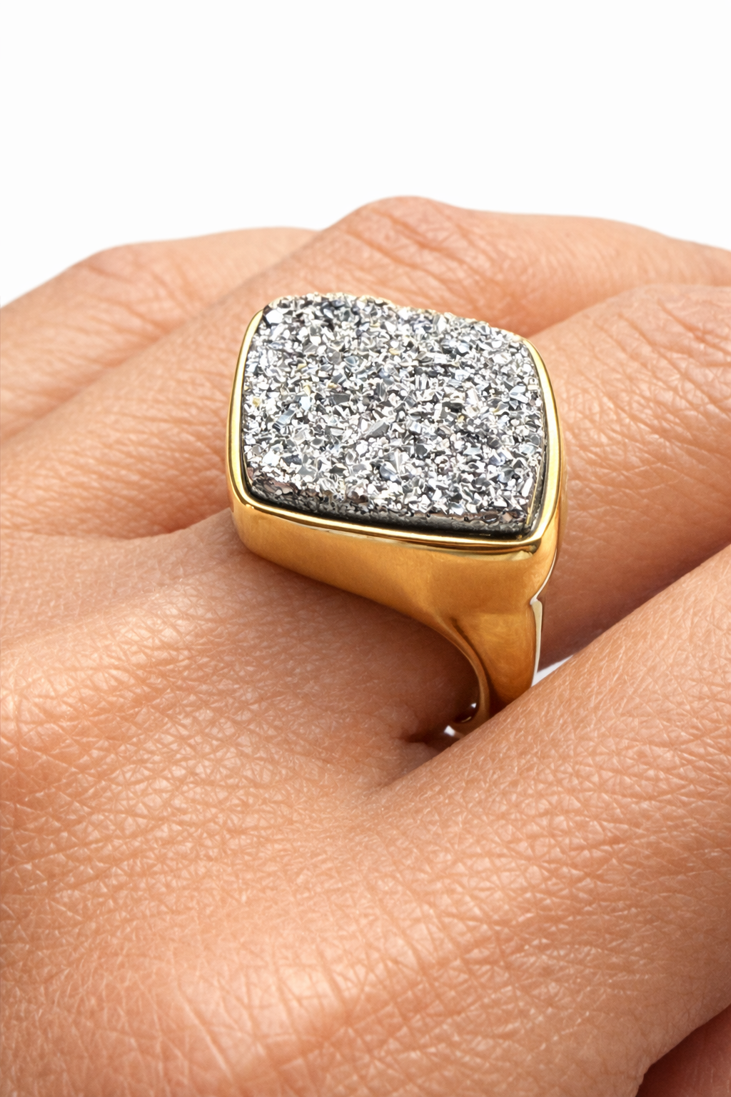 Natural Metallic Druse Sterling Silver Ring – 18K Gold Plated