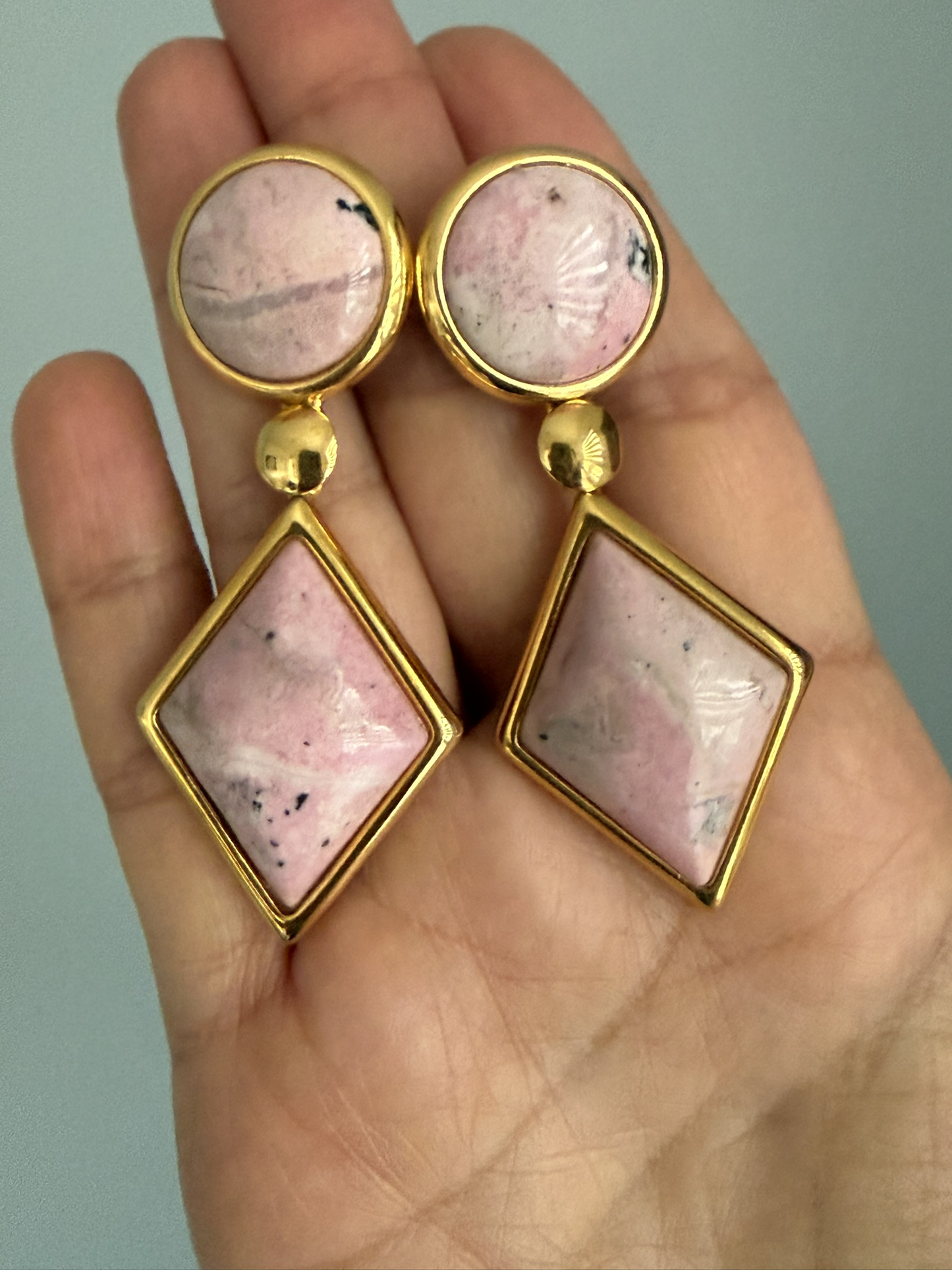 Natural Pink Rhodochrosite Earrings – 18K Gold Plated