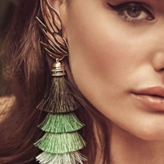 18K Gold Plated Leaf & Tassel Statement Earrings