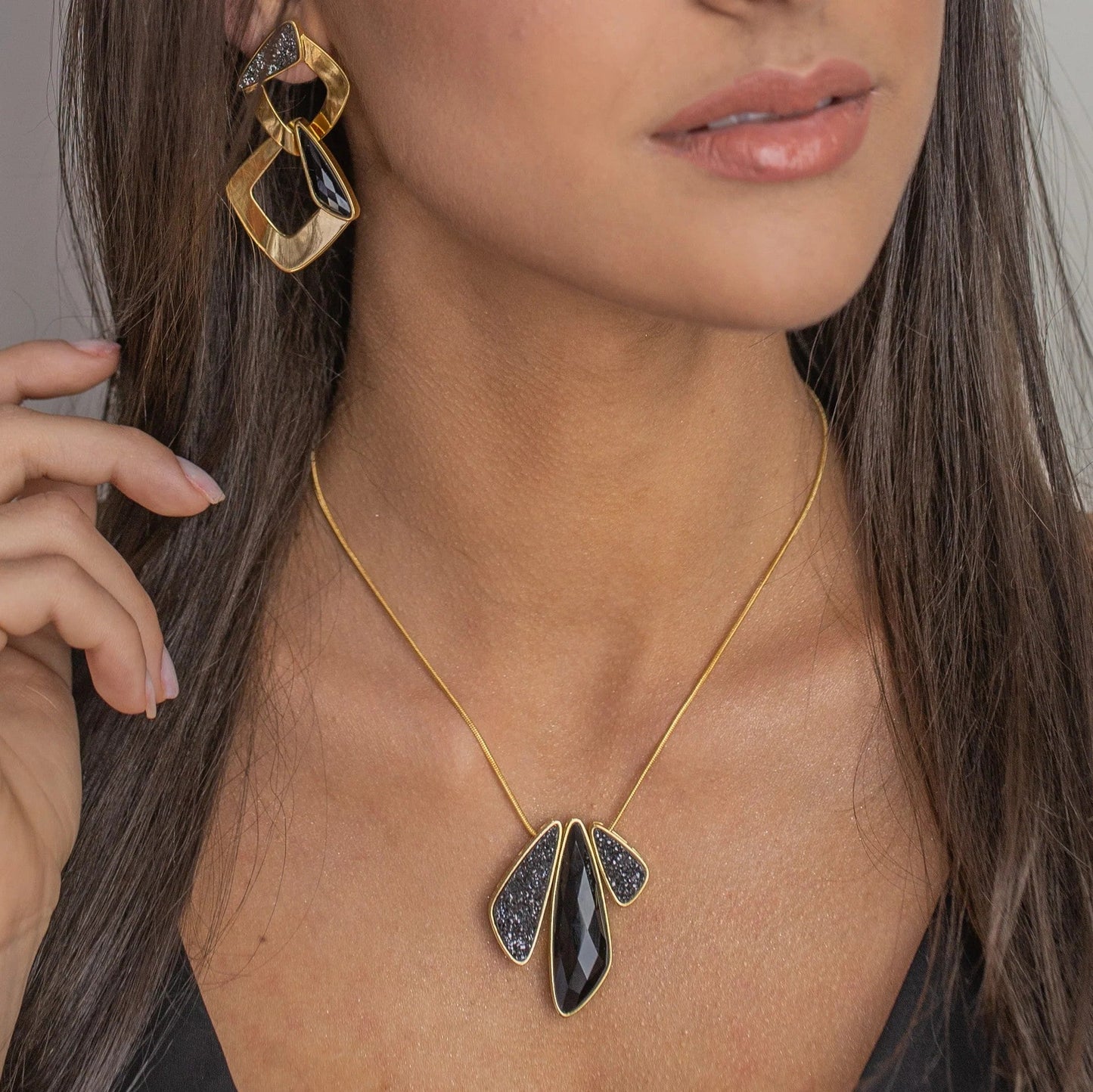 Black Obsidian & Black Druse Necklace – 18K Gold & Black Rhodium Plated