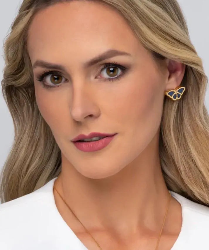 Natural Blue Quartz Butterfly Earrings – 18K Gold Plated Studs
