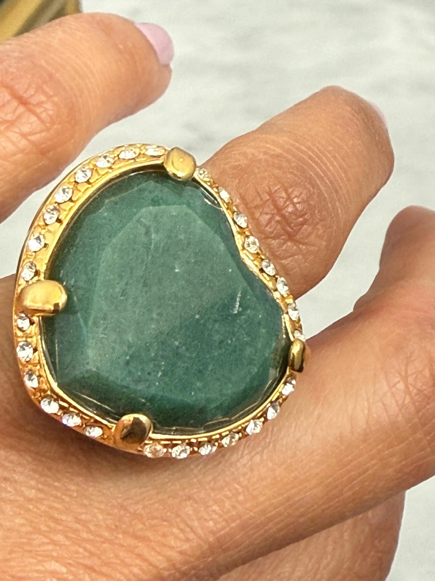 Love Natural Green Agate Ring – 18K Gold Plated with Green Enamel & Zircons