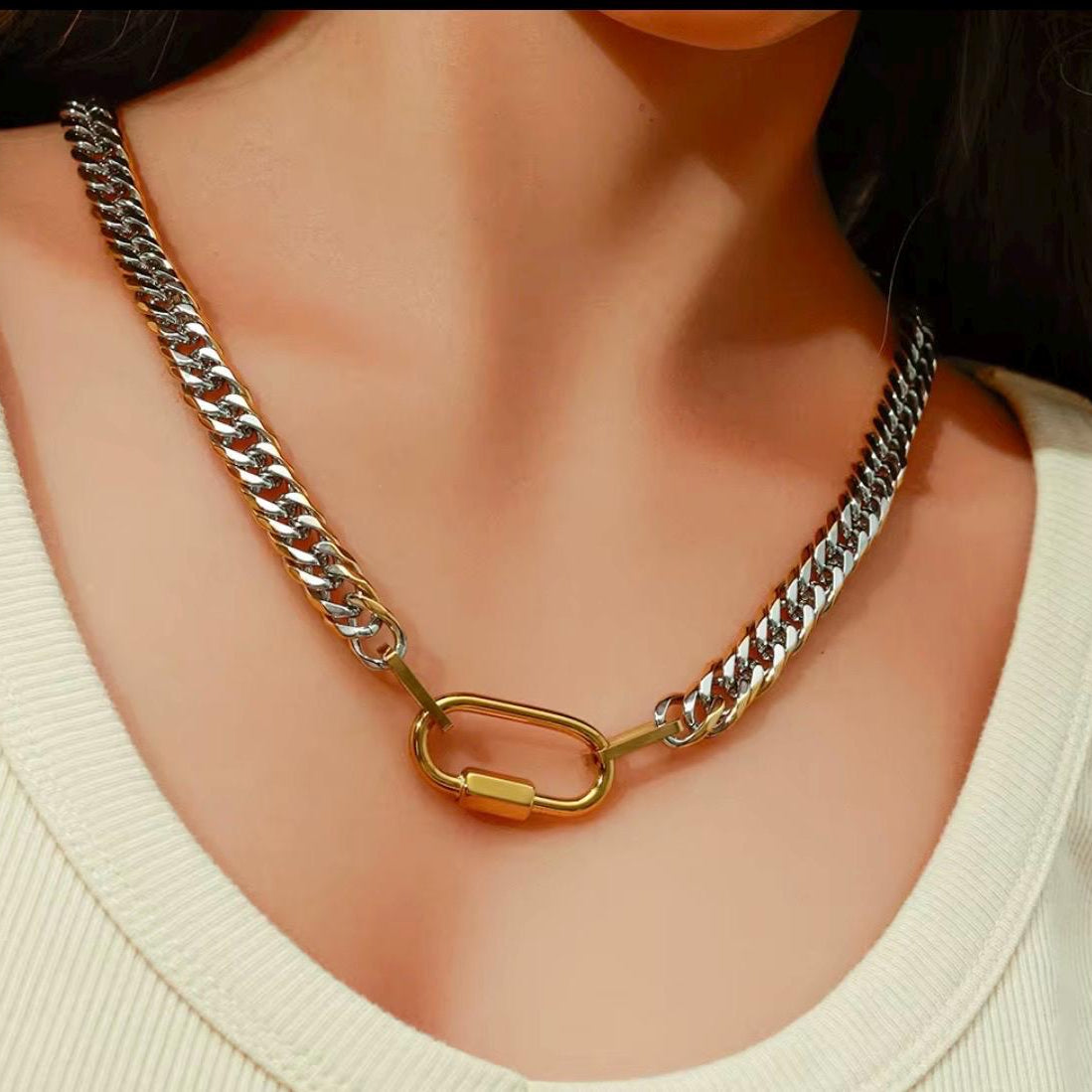 Waterproof 18K Gold Plated Two-Tone Chunky Necklace