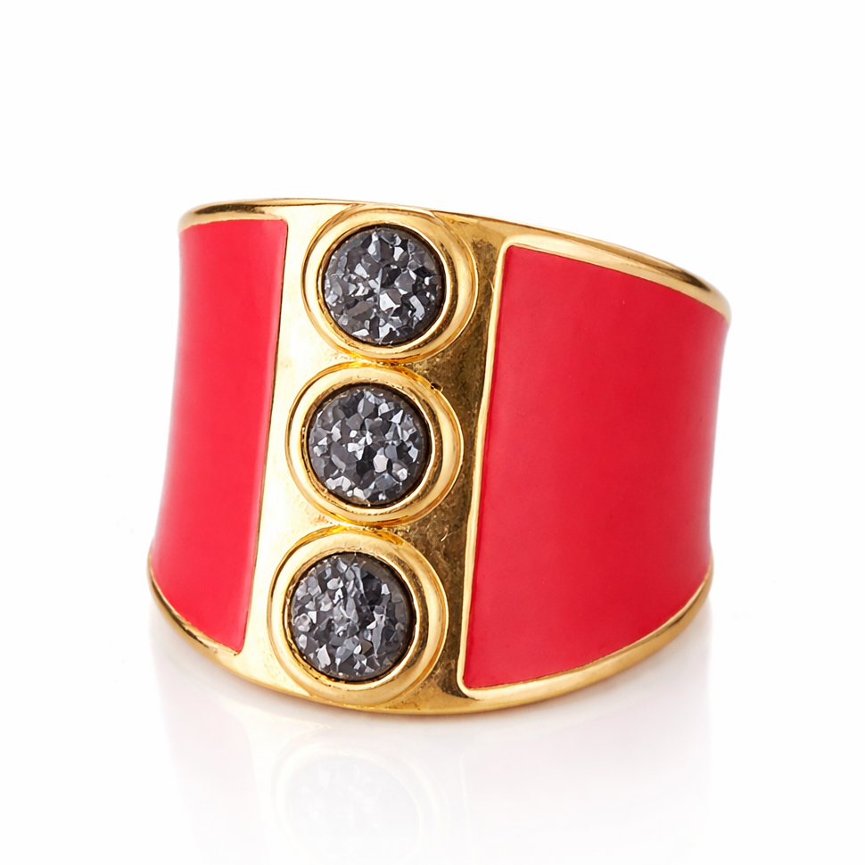 18K Gold Plated Enamel Ring with Natural Druse Stones
