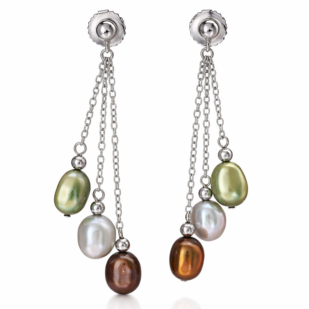 925 Sterling Silver - Freshwater Cultured Pearl Triple Drop Earrings