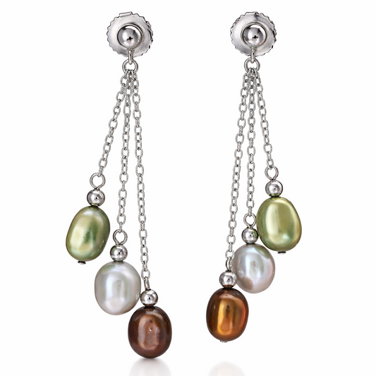 925 Sterling Silver - Freshwater Cultured Pearl Triple Drop Earrings