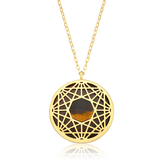Mandala Tiger’s Eye & Wood Necklace 18K Gold Plated