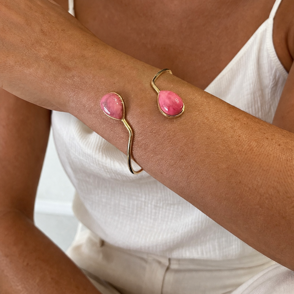 Pink Rhodochrosite Open Cuff Bracelet – 18K Gold Plated