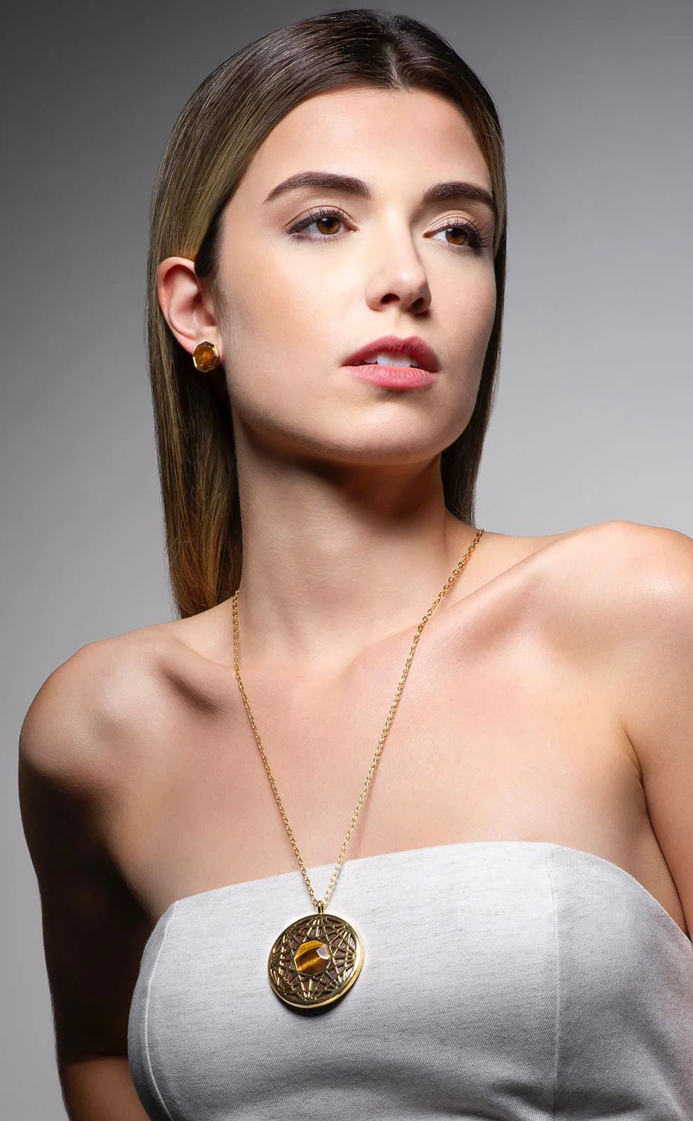 Mandala Tiger’s Eye & Wood Necklace 18K Gold Plated