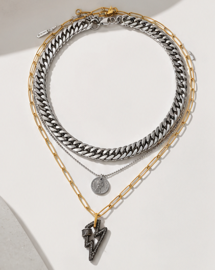 Triple Layered Stainless Steel Necklace Set – Mixed Metal Collection