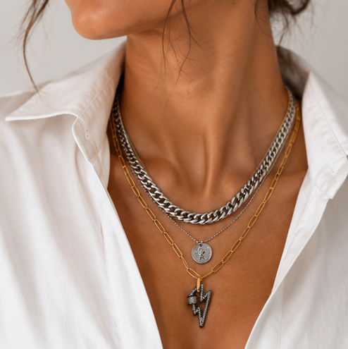 Triple Layered Stainless Steel Necklace Set – Mixed Metal Collection