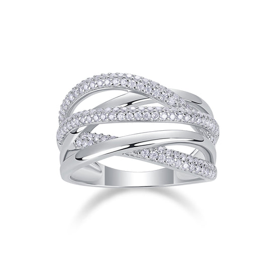 Elegant Sterling Silver Interwoven Sparkle Ring • Handcrafted Platinum-Finished Design