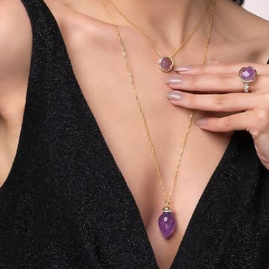 Natural Stone Amethyst Necklace 18K Gold Plated