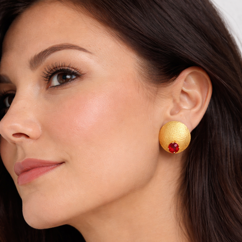 Handmade 18K Gold Plated Bronze Earrings with Red Crystal