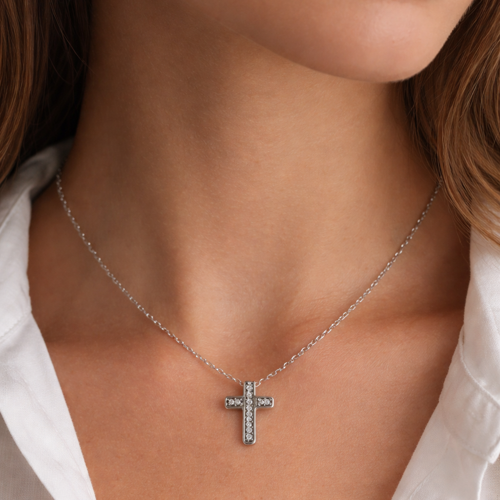 Sterling Silver 925 Cubic Zirconia Cross Necklace