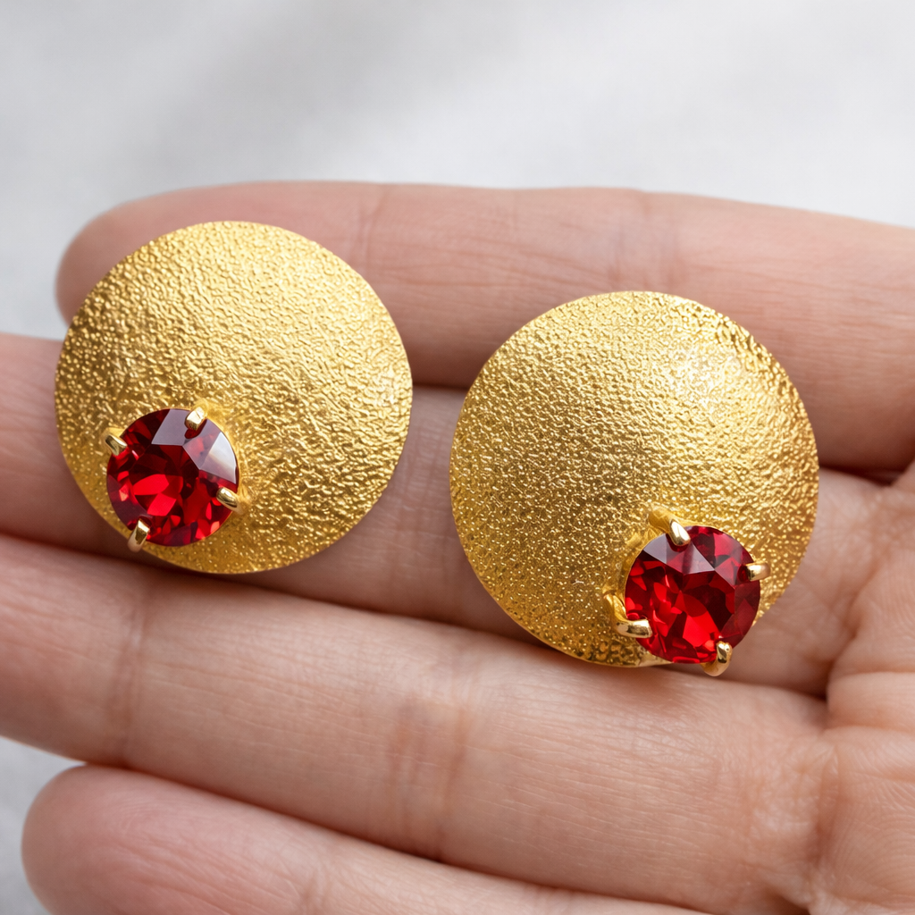 Handmade 18K Gold Plated Bronze Earrings with Red Crystal