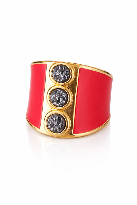 18K Gold Plated Enamel Ring with Natural Druse Stones