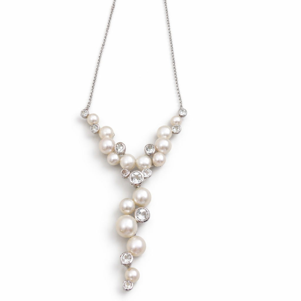 Freshwater Cultured Pearl & White Topaz Cluster Necklace – Sterling Silver