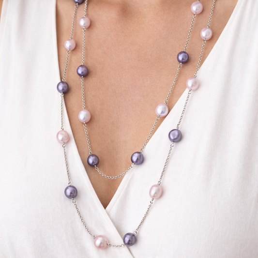 Sterling Silver Dyed Freshwater Cultured Pearl Long Station Necklace – 36”