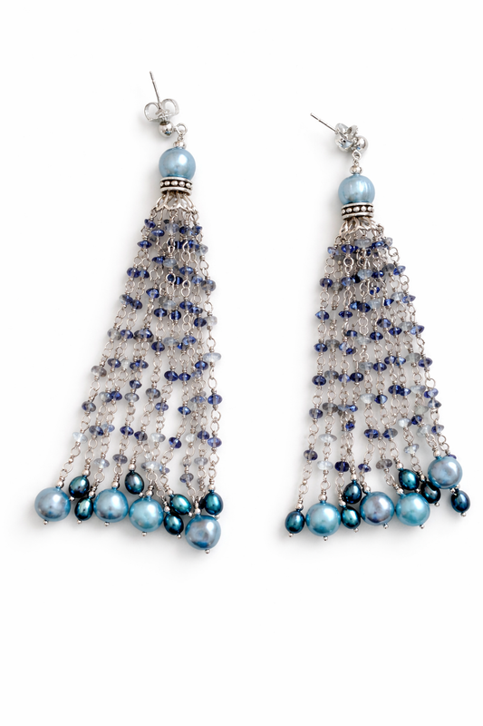 925 Sterling Silver Blue Freshwater Cultured Pearl & Mixed Gemstone Dangle Earrings