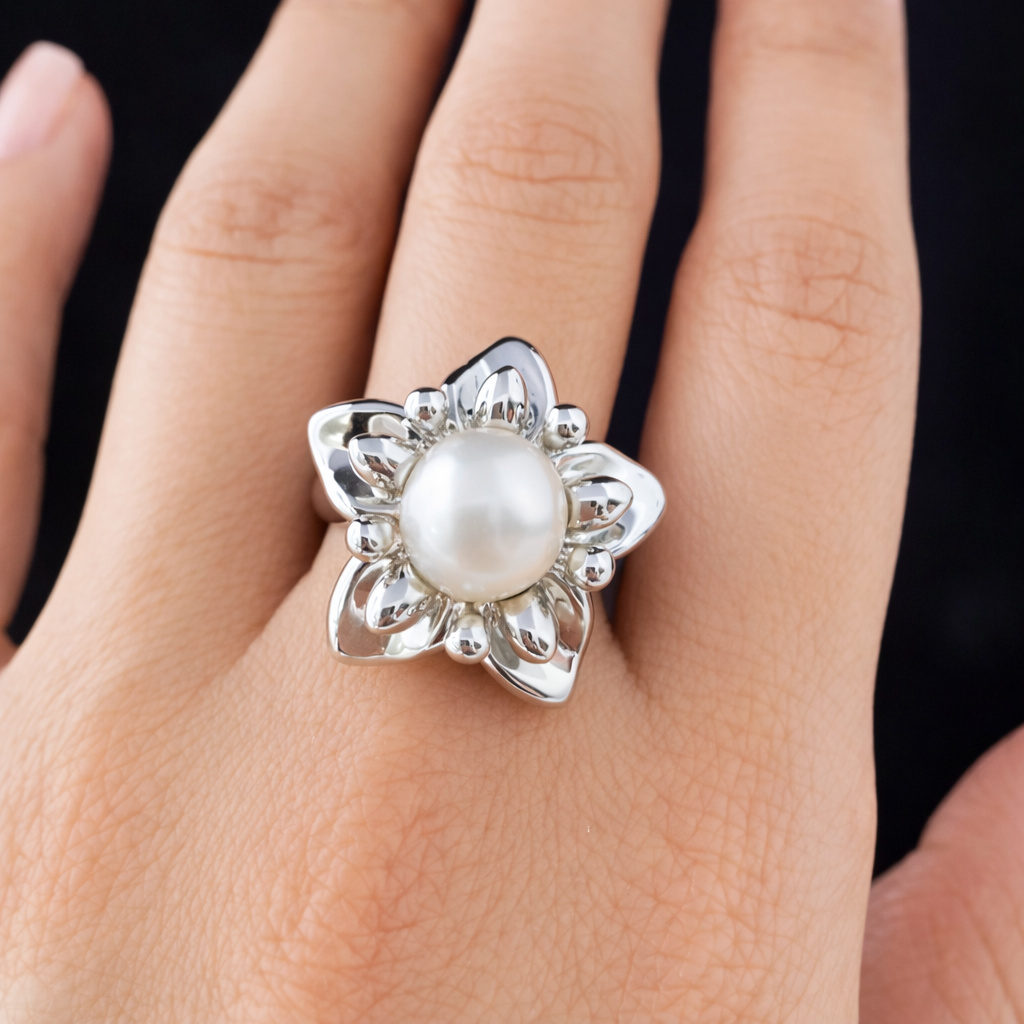925 Sterling Silver - Cultured Freshwater Pearl Flower Ring