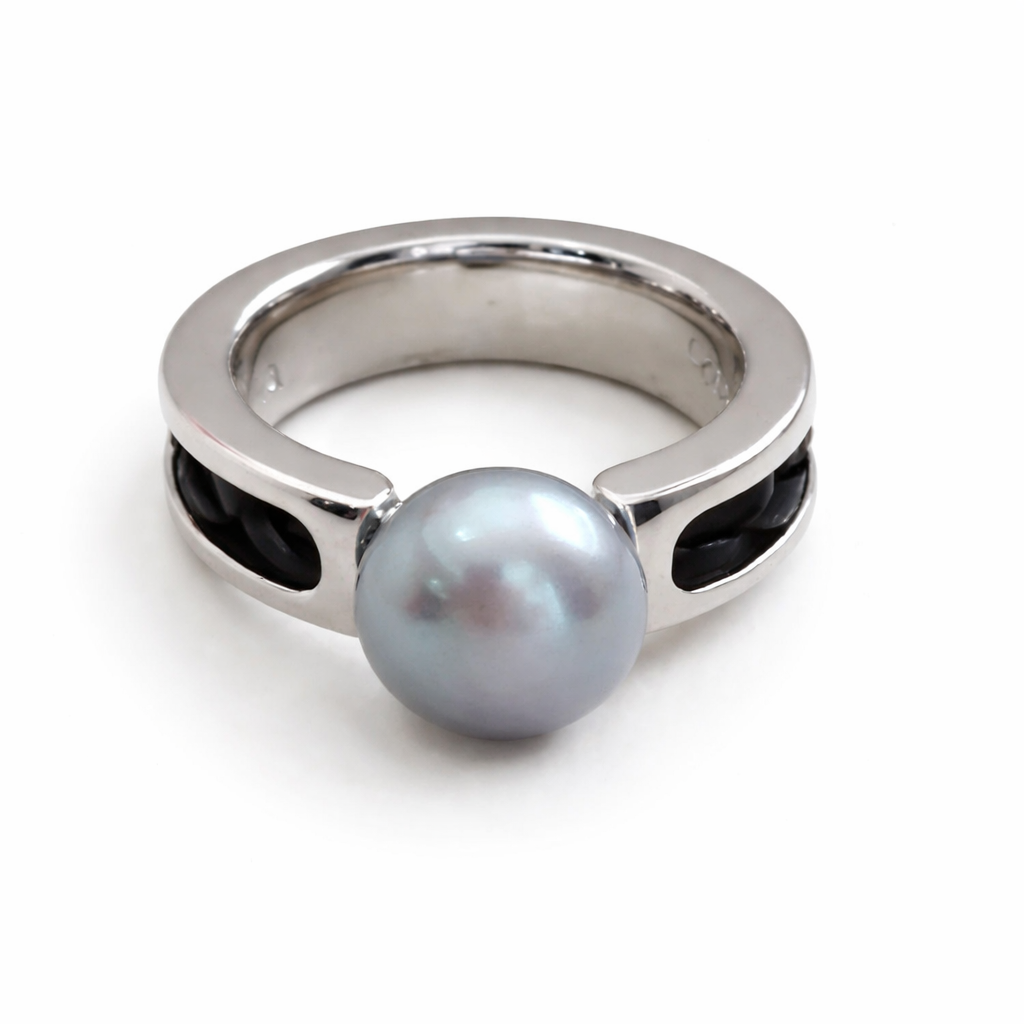 Sterling Silver Freshwater Cultured Pearl Woven Leather Band Ring