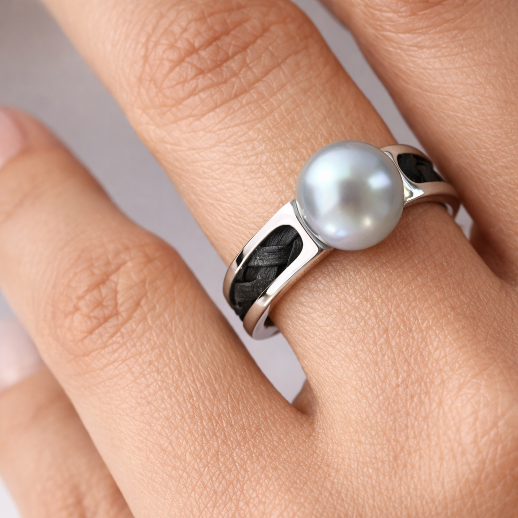 Sterling Silver Freshwater Cultured Pearl Woven Leather Band Ring