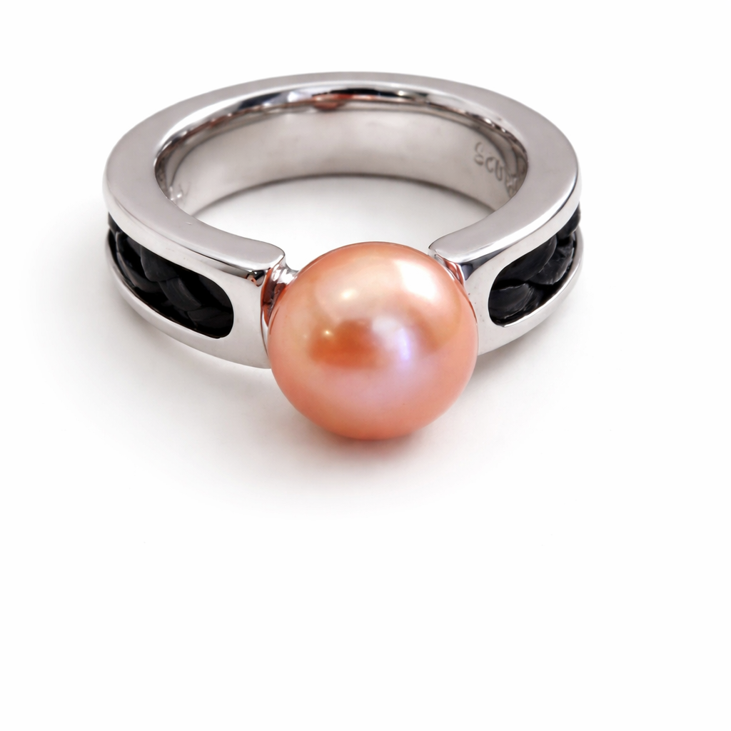 Sterling Silver Freshwater Cultured Pearl Woven Leather Band Ring