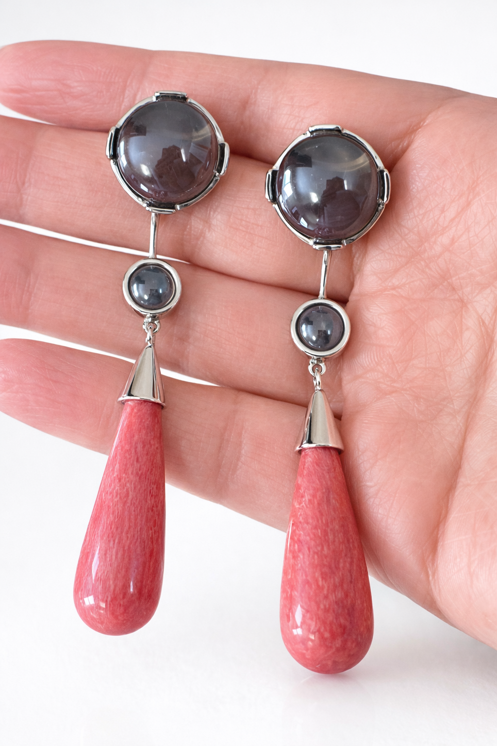 Red Agate & Smoky Quartz Drop Earrings