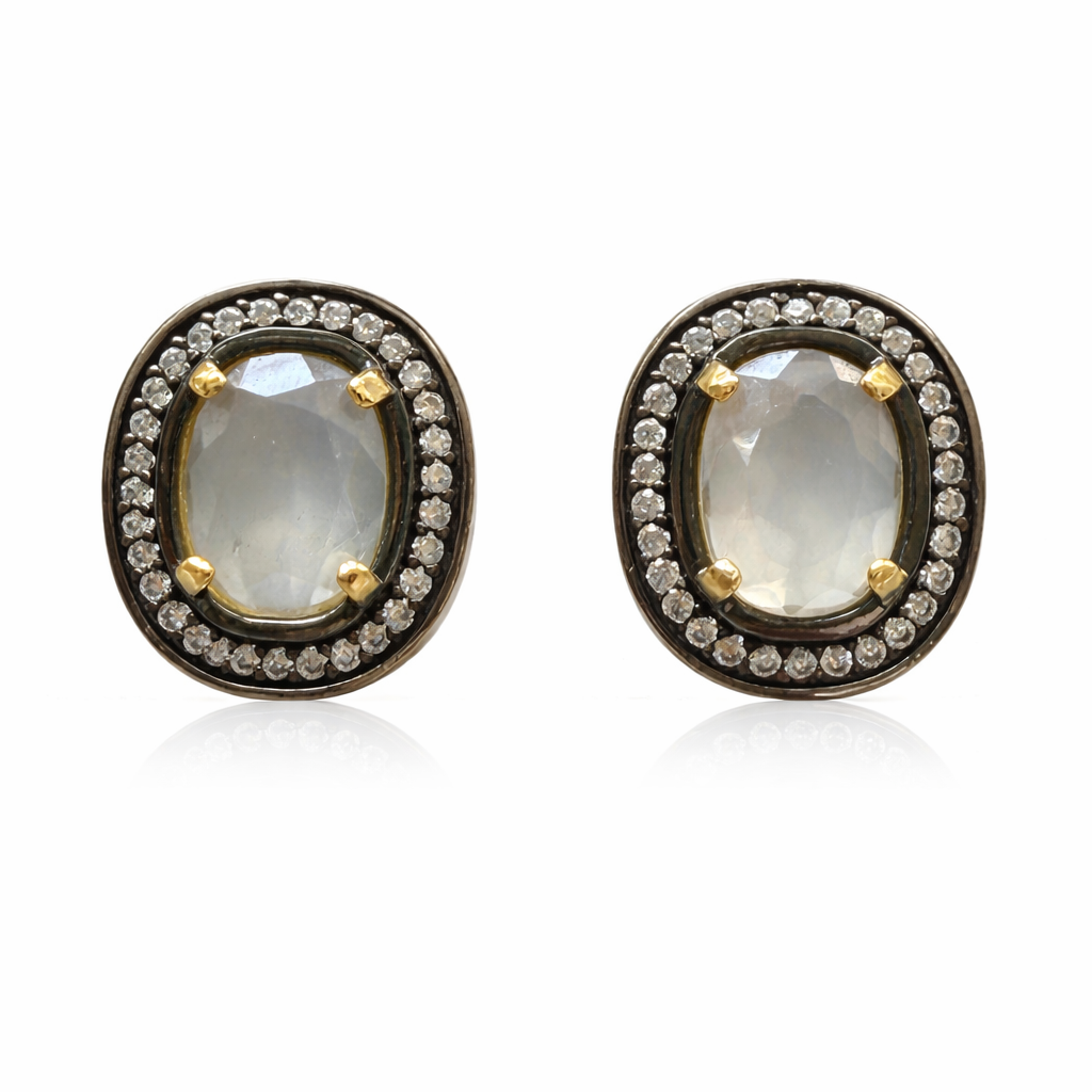 925 Sterling Silver - White Quartz Stud Earrings with Zircon Halo