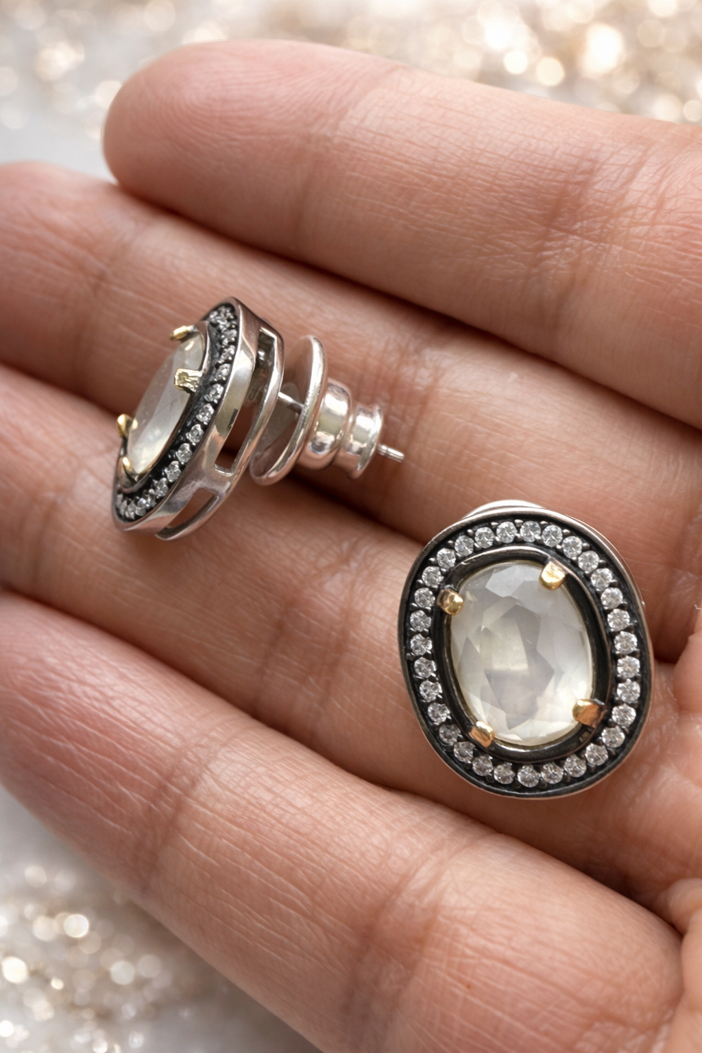 925 Sterling Silver - White Quartz Stud Earrings with Zircon Halo
