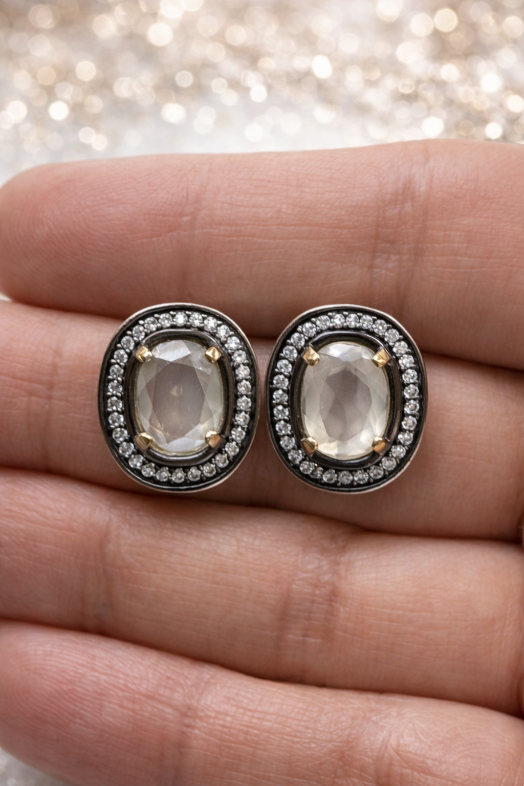 925 Sterling Silver - White Quartz Stud Earrings with Zircon Halo