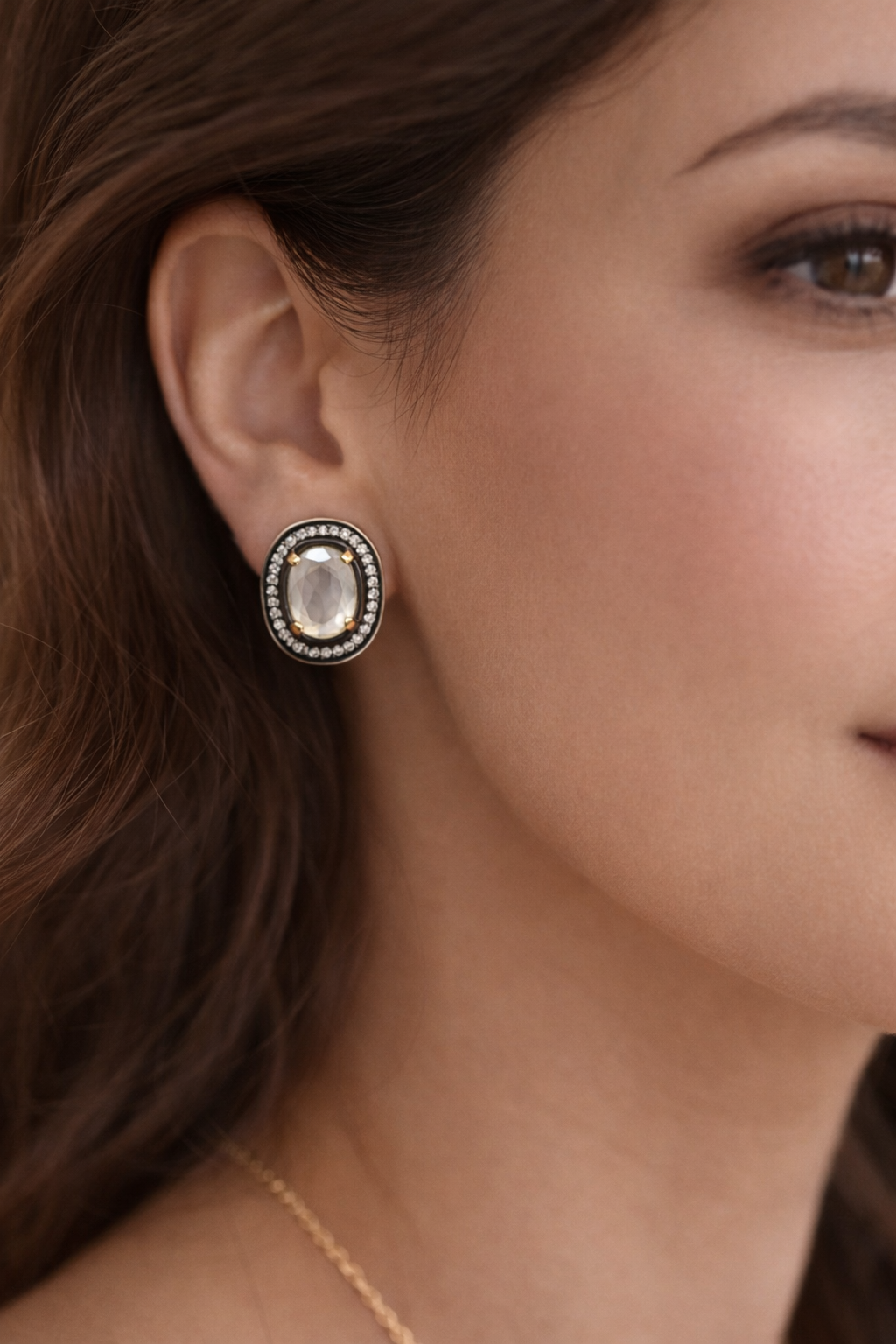 925 Sterling Silver - White Quartz Stud Earrings with Zircon Halo