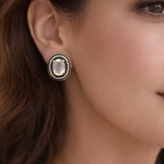 925 Sterling Silver - White Quartz Stud Earrings with Zircon Halo
