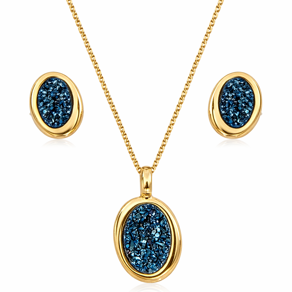 Blue Natural Druse  Pendant and Earrings set Oval 18k Gold Plated over Bronze
