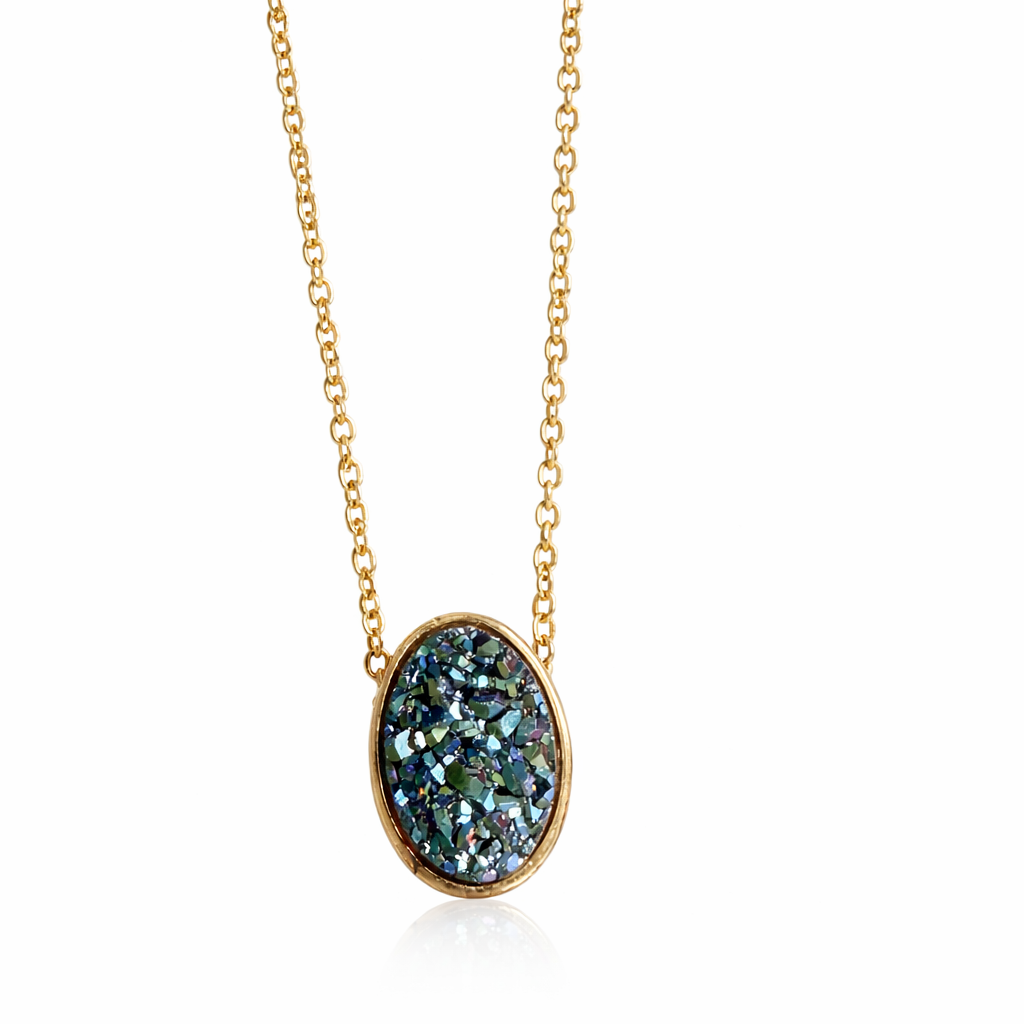 Blue Green Druzy Necklace – Natural Druse Pendant in 925 Sterling Silver 18k Gold Plated