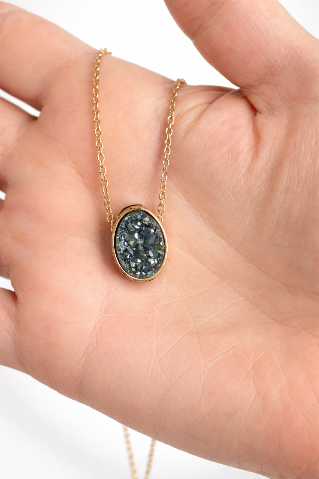 Blue Green Druzy Necklace – Natural Druse Pendant in 925 Sterling Silver 18k Gold Plated