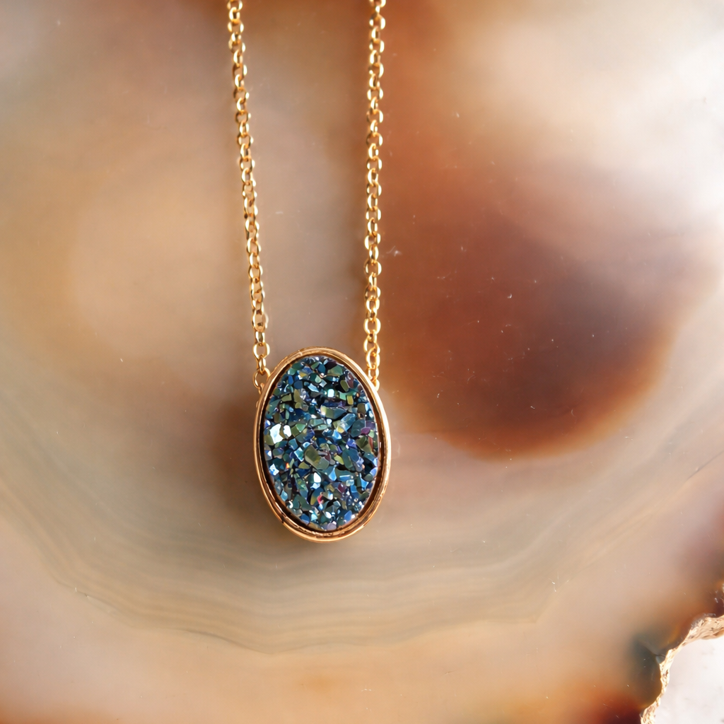 Blue Green Druzy Necklace – Natural Druse Pendant in 925 Sterling Silver 18k Gold Plated