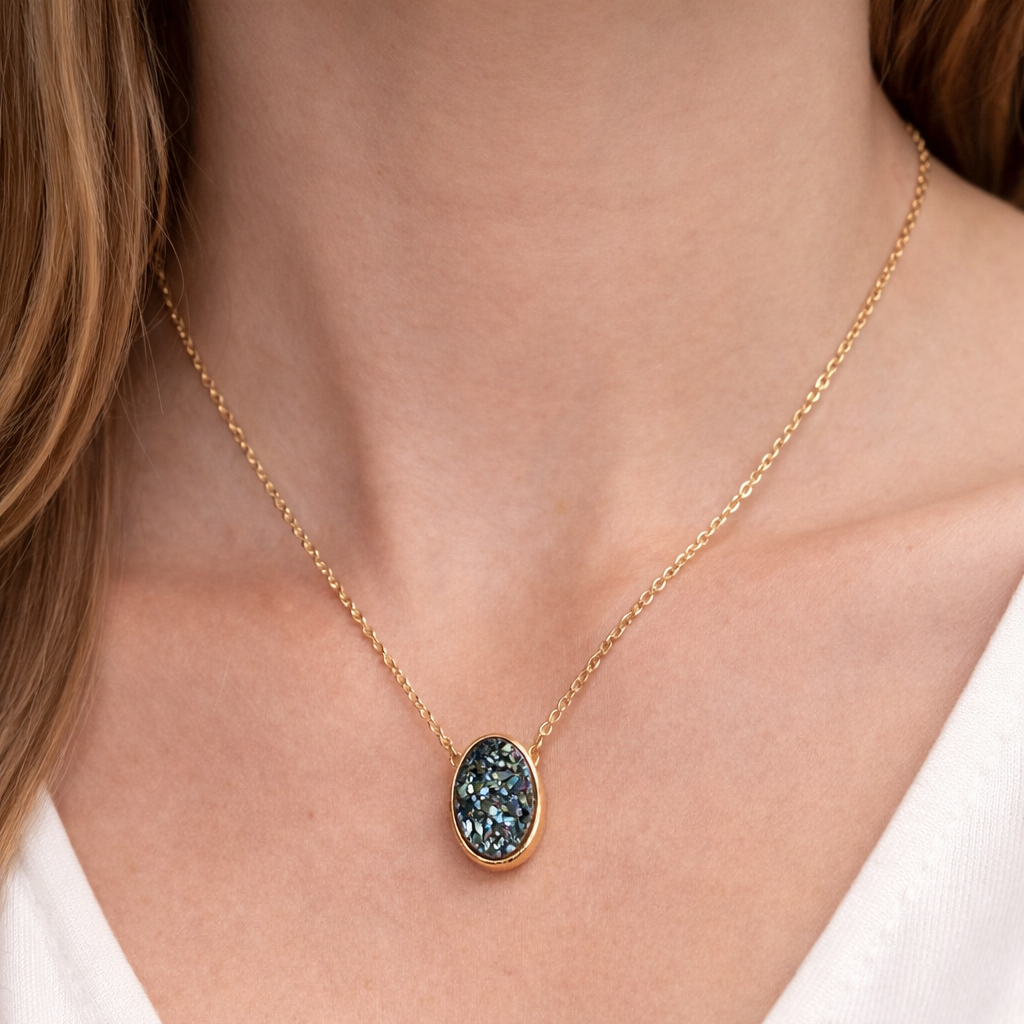 Blue Green Druzy Necklace – Natural Druse Pendant in 925 Sterling Silver 18k Gold Plated