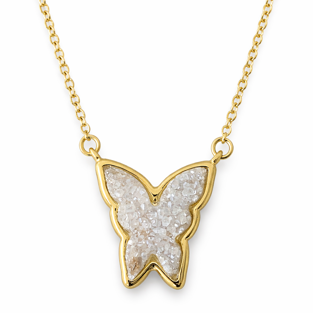 White Druzy Butterfly Necklace – 18K Gold Plated Sparkling Statement Pendant