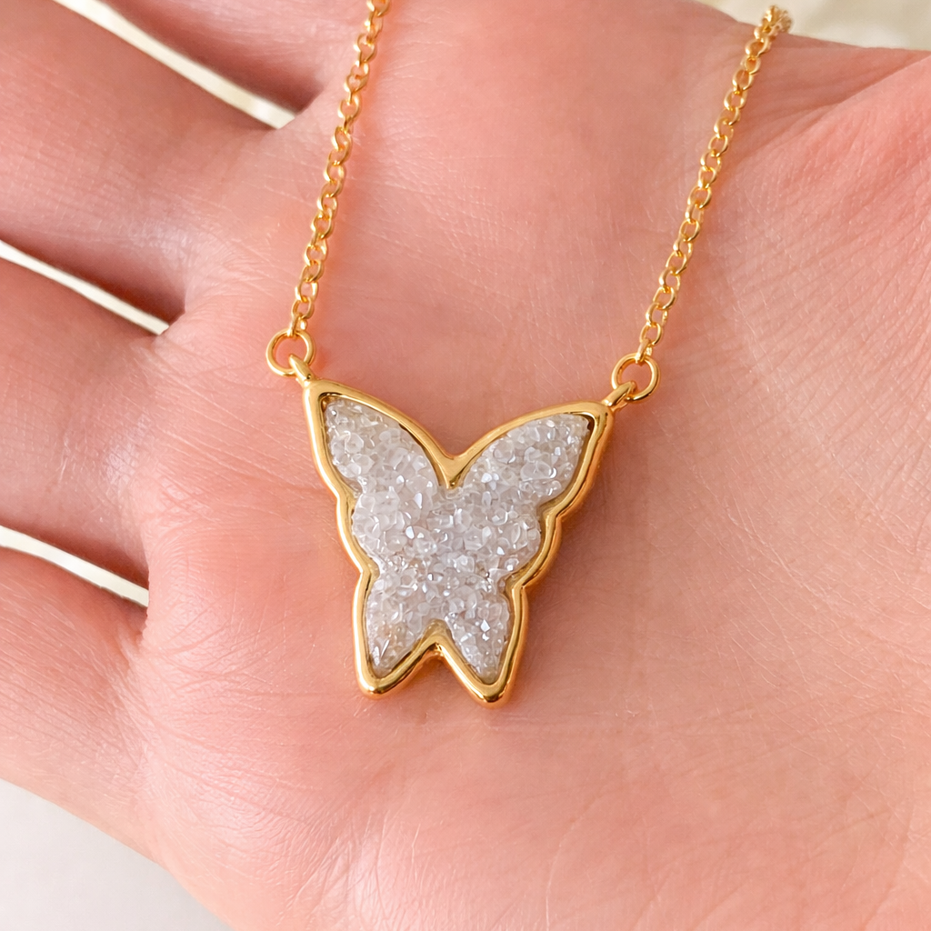 White Druzy Butterfly Necklace – 18K Gold Plated Sparkling Statement Pendant
