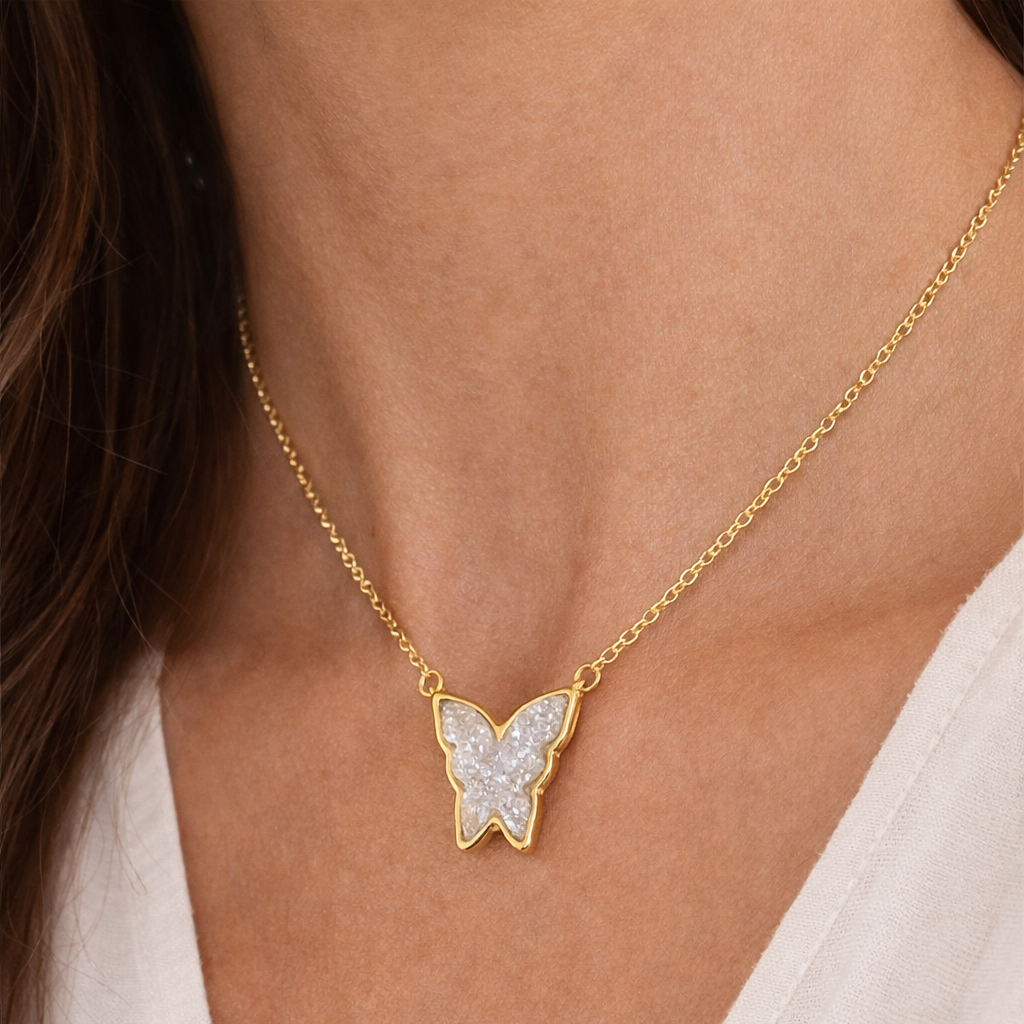 White Druzy Butterfly Necklace – 18K Gold Plated Sparkling Statement Pendant