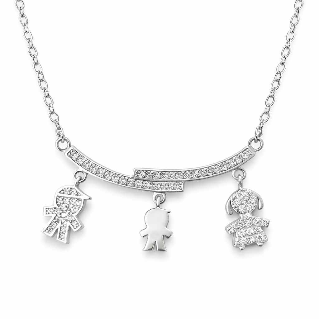 Sterling Silver 925 Family Charm Necklace with Cubic Zirconia Accents