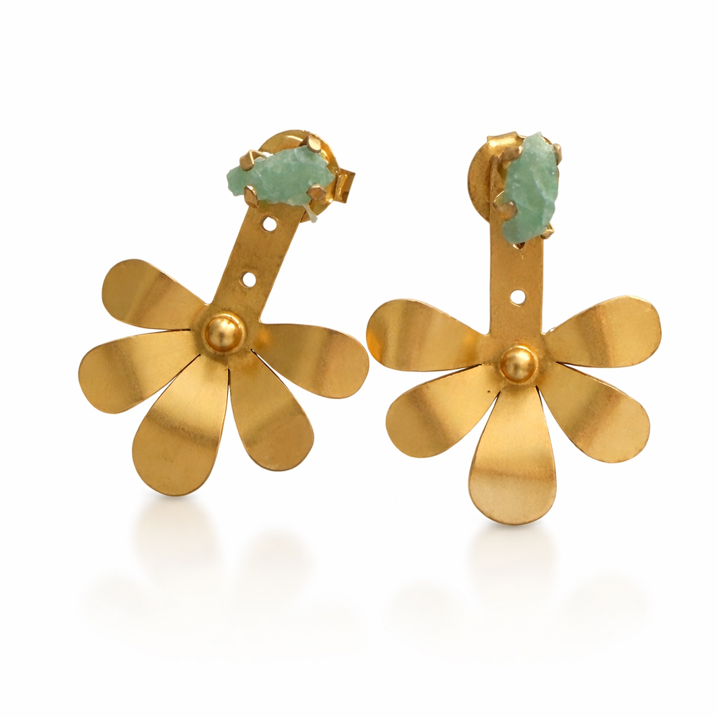 Golden Bloom Raw Emerald Ear Jacket Earrings – Handmade 18k Gold Plated Floral Drops