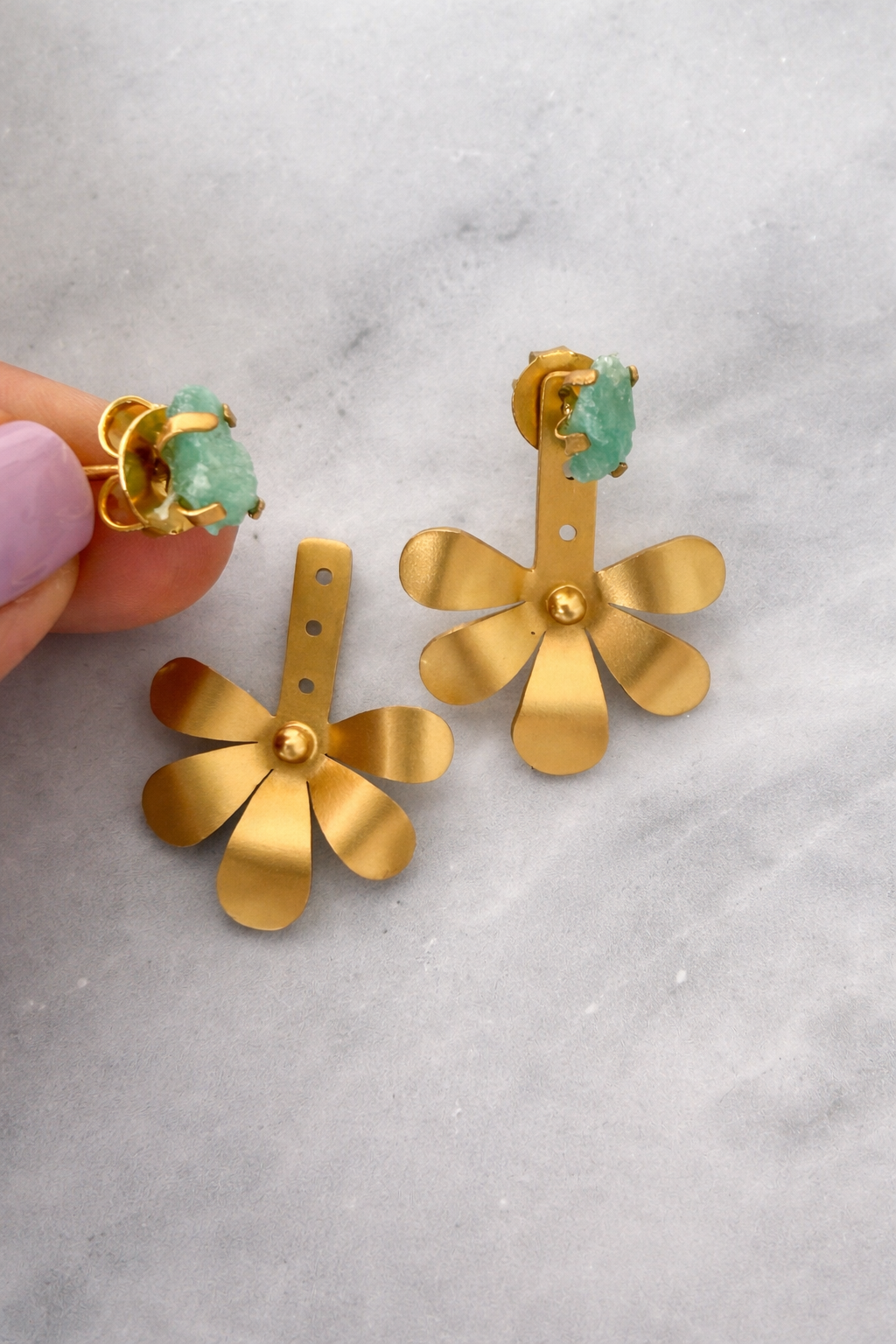 Golden Bloom Raw Emerald Ear Jacket Earrings – Handmade 18k Gold Plated Floral Drops